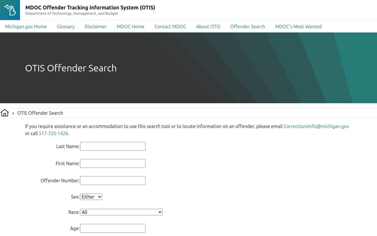 Michigan Department of Corrections OTIS offender search form
