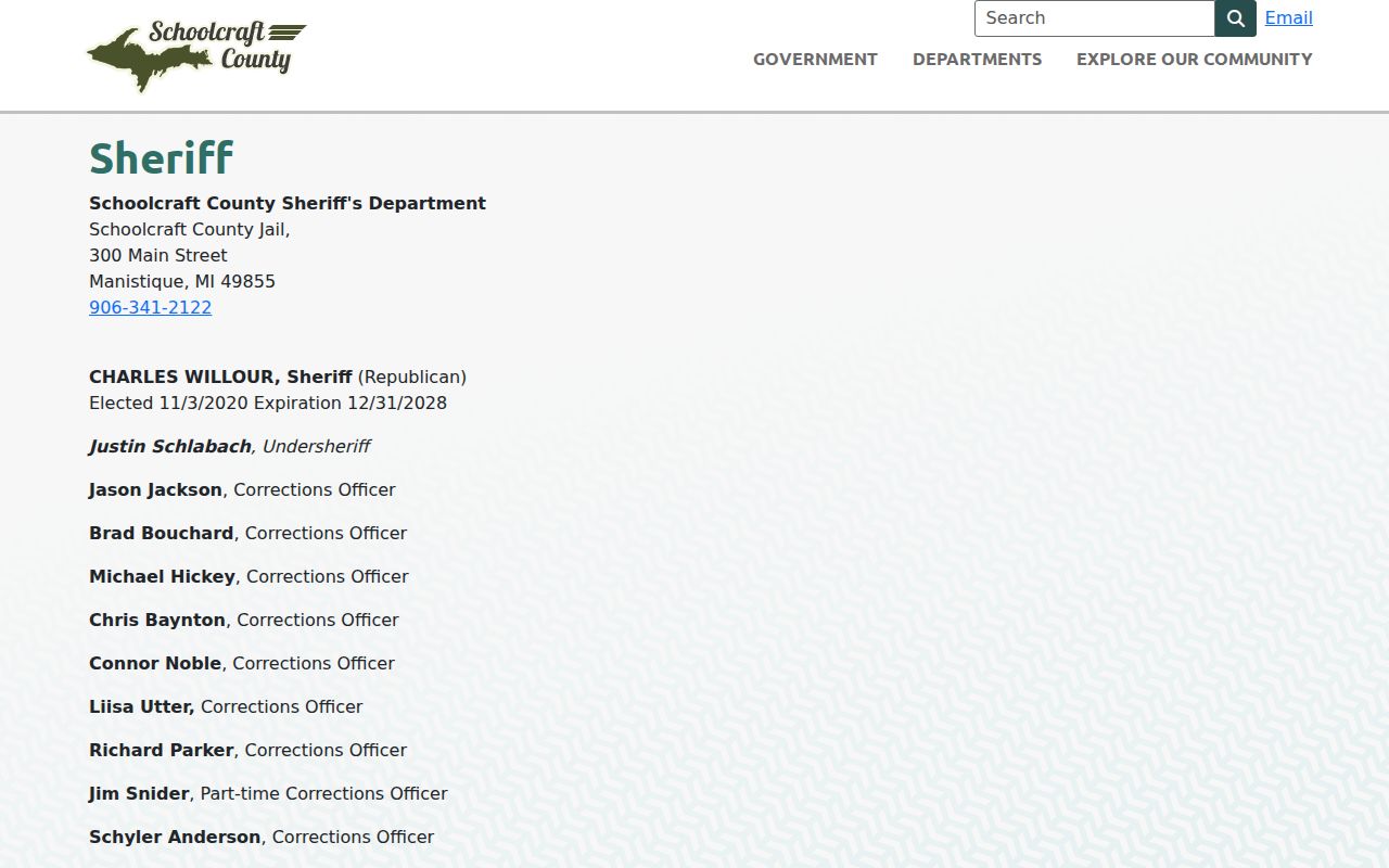Official Schoolcraft County sheriff and jail web page with contact information