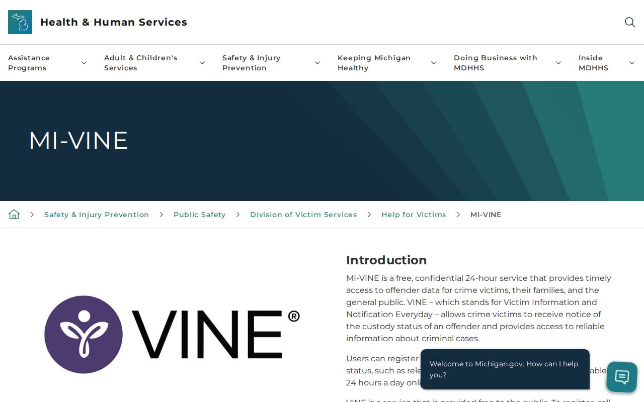 Michigan official MI-VINE information page describing custody information and notifications