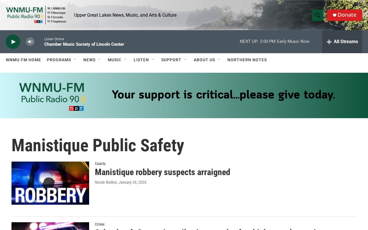 WNMU-FM Manistique Public Safety tag showing event-driven regional coverage