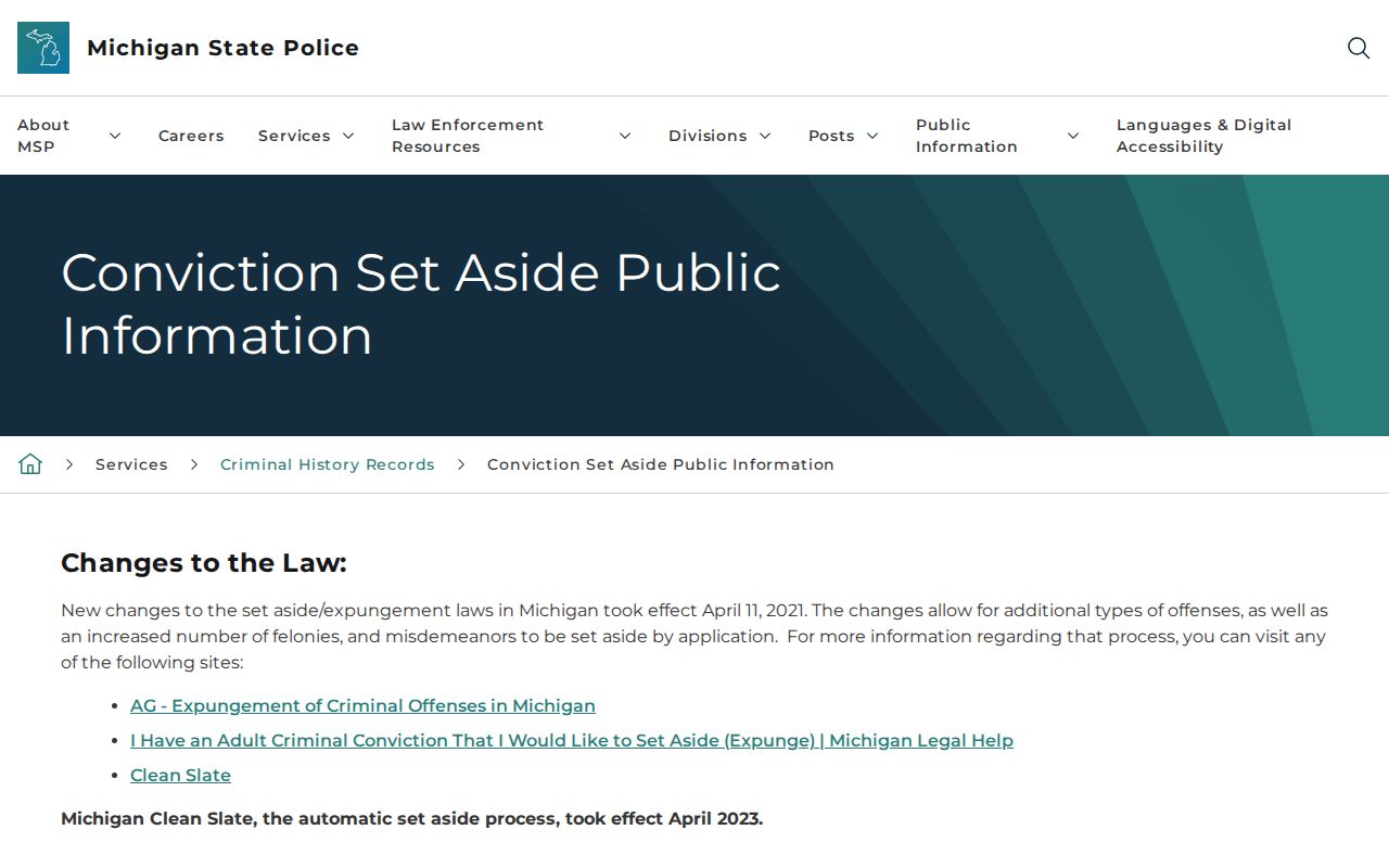 Michigan State Police conviction set-aside public information page